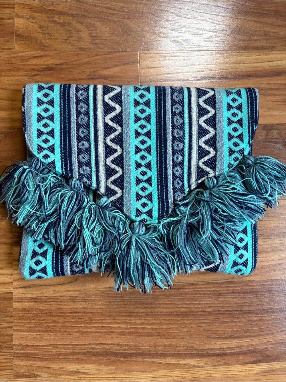 Mud Pie Teal and Navy Southwestern Fringe Fold-Over Clutch